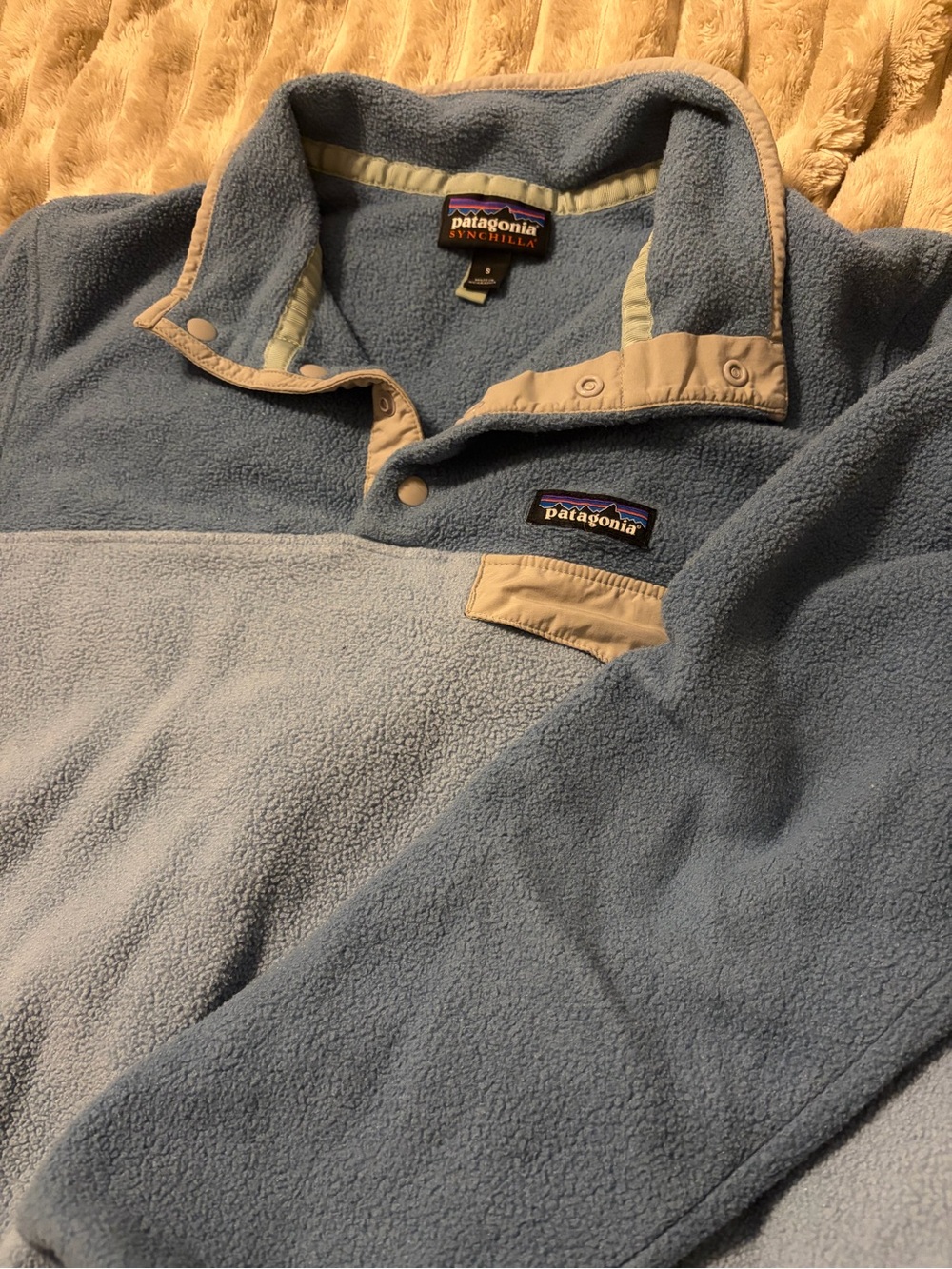 Patagonia Light Blue Synchilla Pullover with Tan Trim